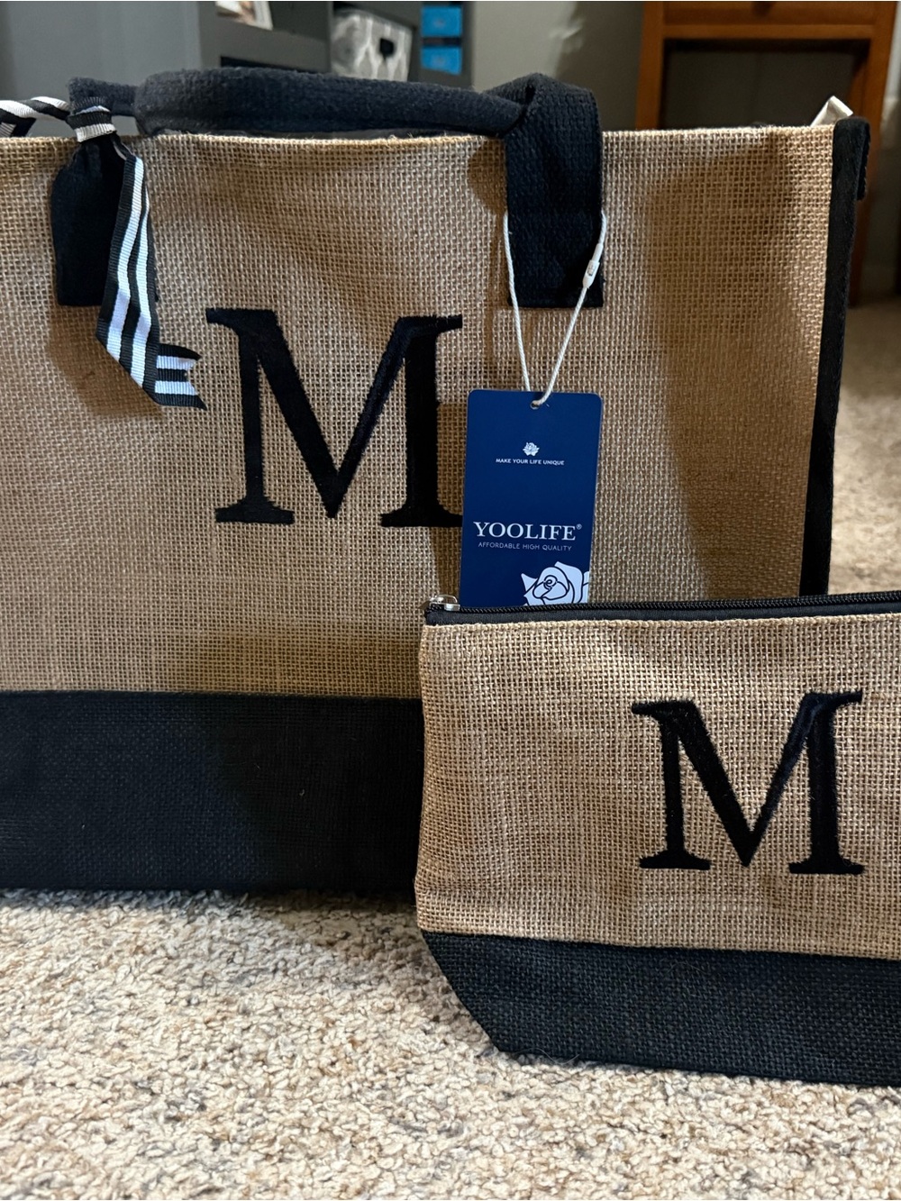 Yoolife Burlap Tote and Pouch Set in Natural and Black